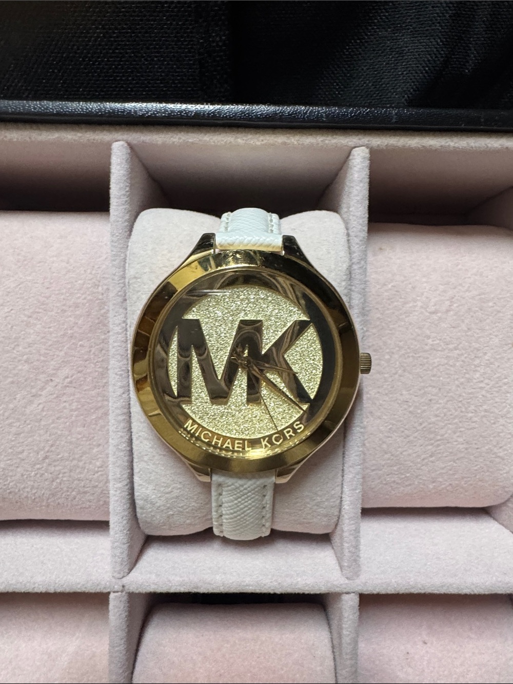 Michael Kors Gold-Tone MK Logo Watch with White Strap